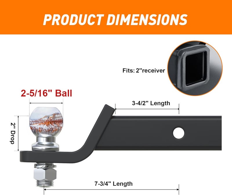 AC-DK Trailer Hitch Ball Mount for 2 inch Receiver,2 inch Drop Hitch,Tow Hitch with 2-5/16 inch Ball and Hitch Pin,7,500 lbs Capacity Ball Hitch, 750lbs Tongue Weight - Image 2